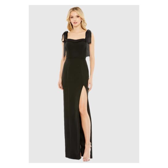 Ieena For MacDuggal Black Square Neck Tie Strap Slit Gown Sz.6 NWT - Picture 1 of 15